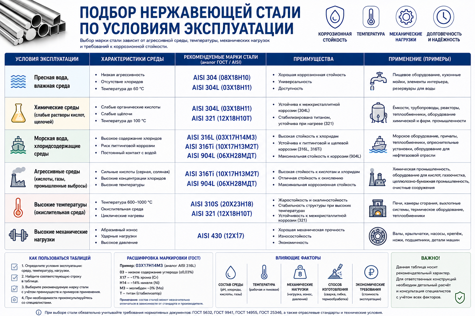 Подбор нержавеющей стали по условиям эксплуатации